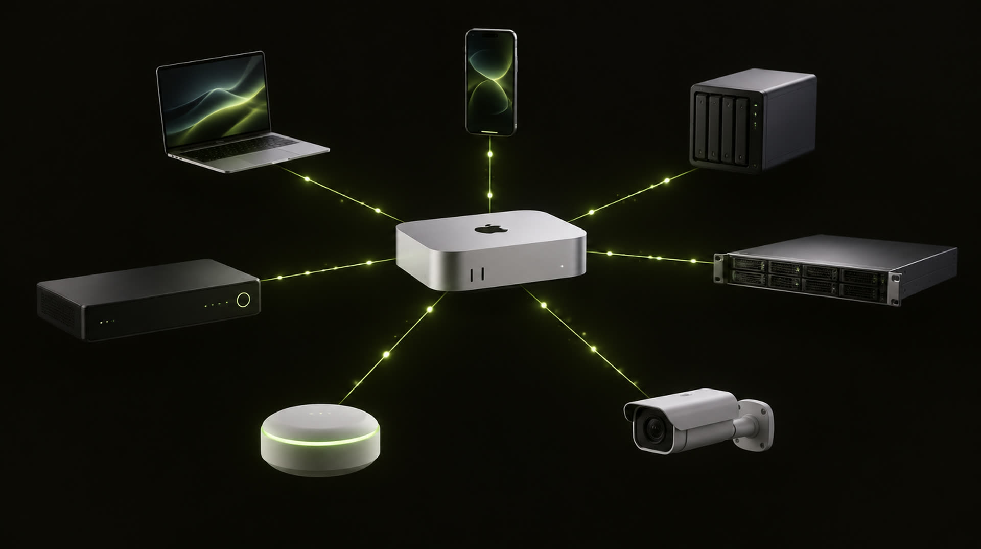 Mac mini połączony z laptopem, telefonem, NAS-em, serwerem, kamerą, rejestratorem i domem
